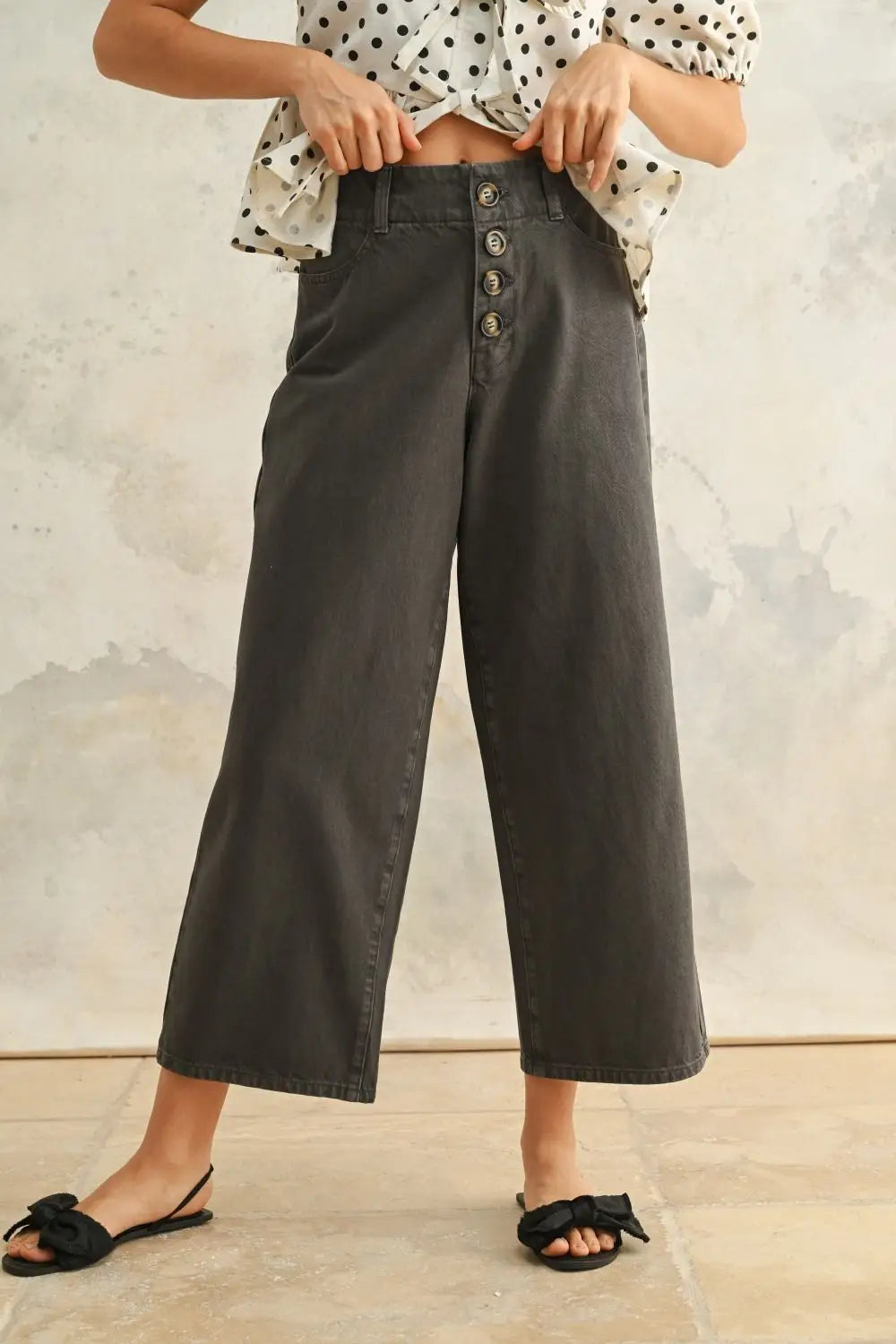 Gray high waisted baggy wide leg pants displayed in HIGH WAISTED BAGGY WIDE LEG PANTS