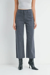 Gray wide leg cropped pants with patch pockets, part of Nautical Wide Leg Denim collection