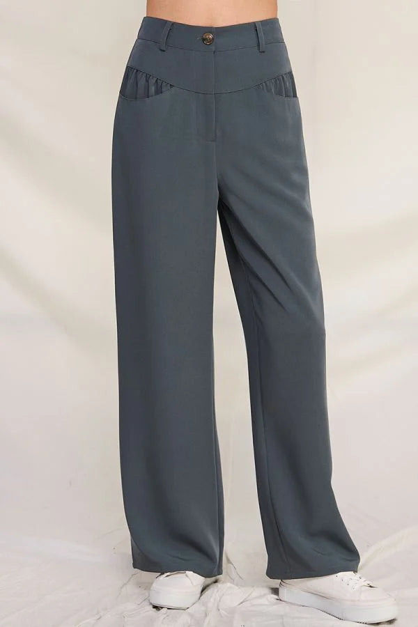 Gray high-waisted twill girdle pocket wide pants featuring front pockets