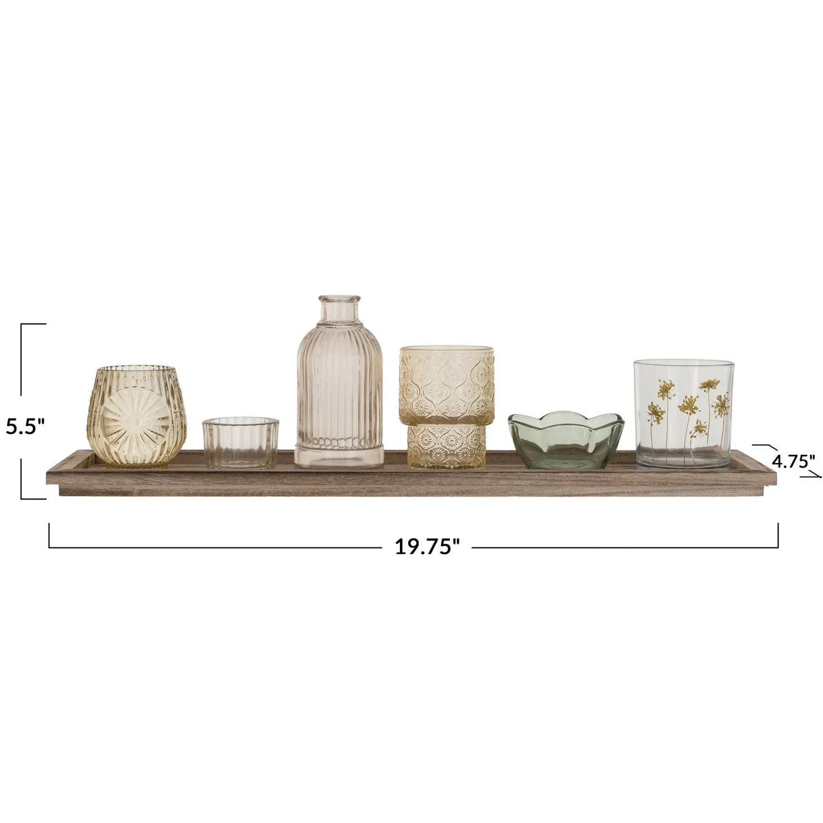 Gray wood shelf showcasing the Wood Tray Embossed Glass Tealight Holders and vases