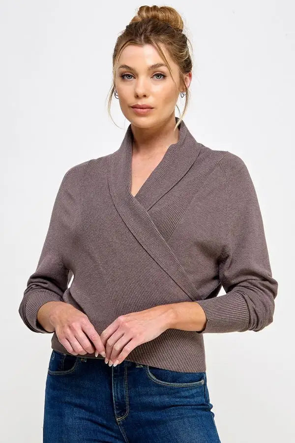 Gray soft mixed texture wrap sweater with shawl collar styled with blue jeans