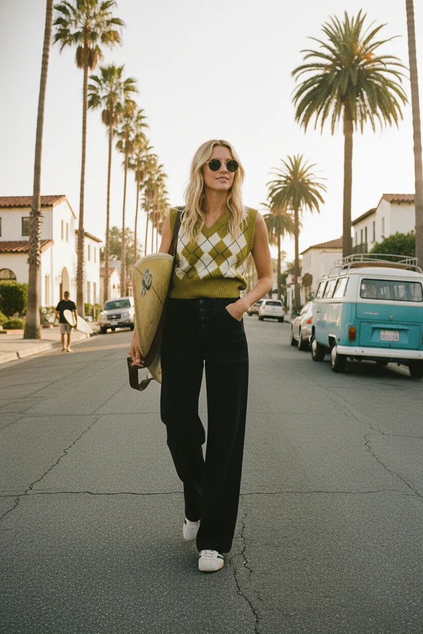 Green argyle sweater vest in slim wide leg denim style
