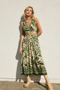 Green and beige leaf-patterned maxi sleeveless summer dress for women
