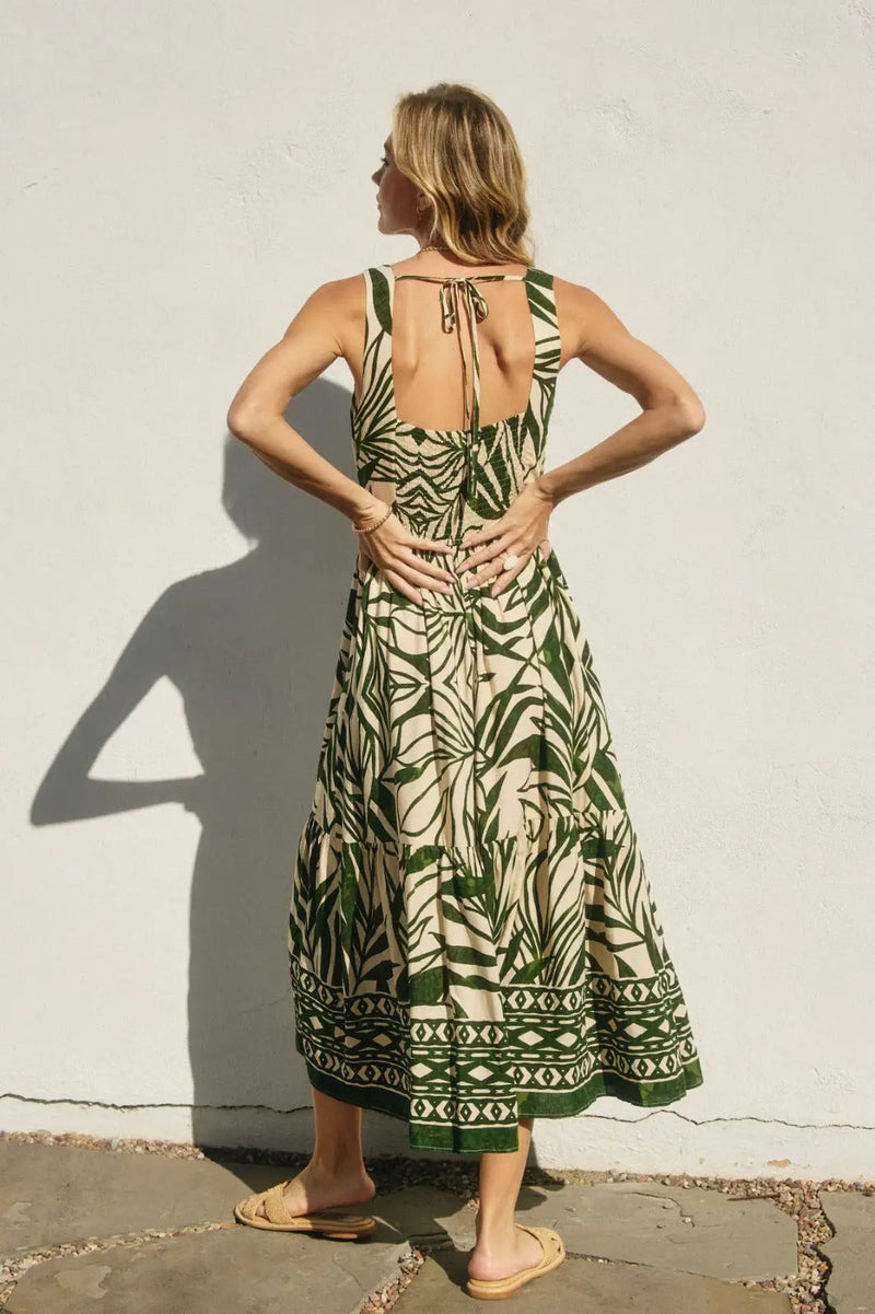 Green and beige patterned maxi sleeveless summer dress displayed in OPEN SIDES MAXI SLEEVELESS DRESS