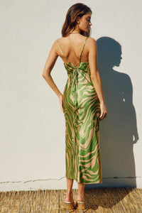 Green and beige patterned WILDER DAYS Criss Cross midi dress with tie-back detail