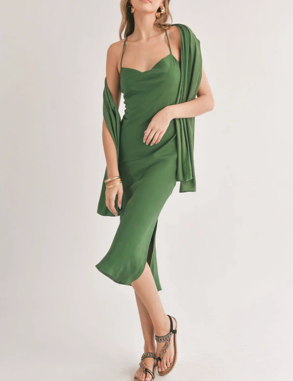 Green Cowl Neck Midi Dress with Shawl, perfect for a boho chic style