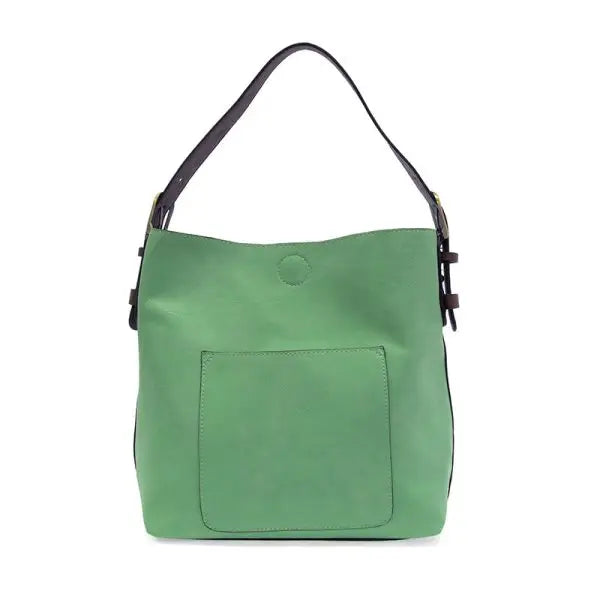 Green vegan leather classic hobo handbag with brown straps from Joy Susan