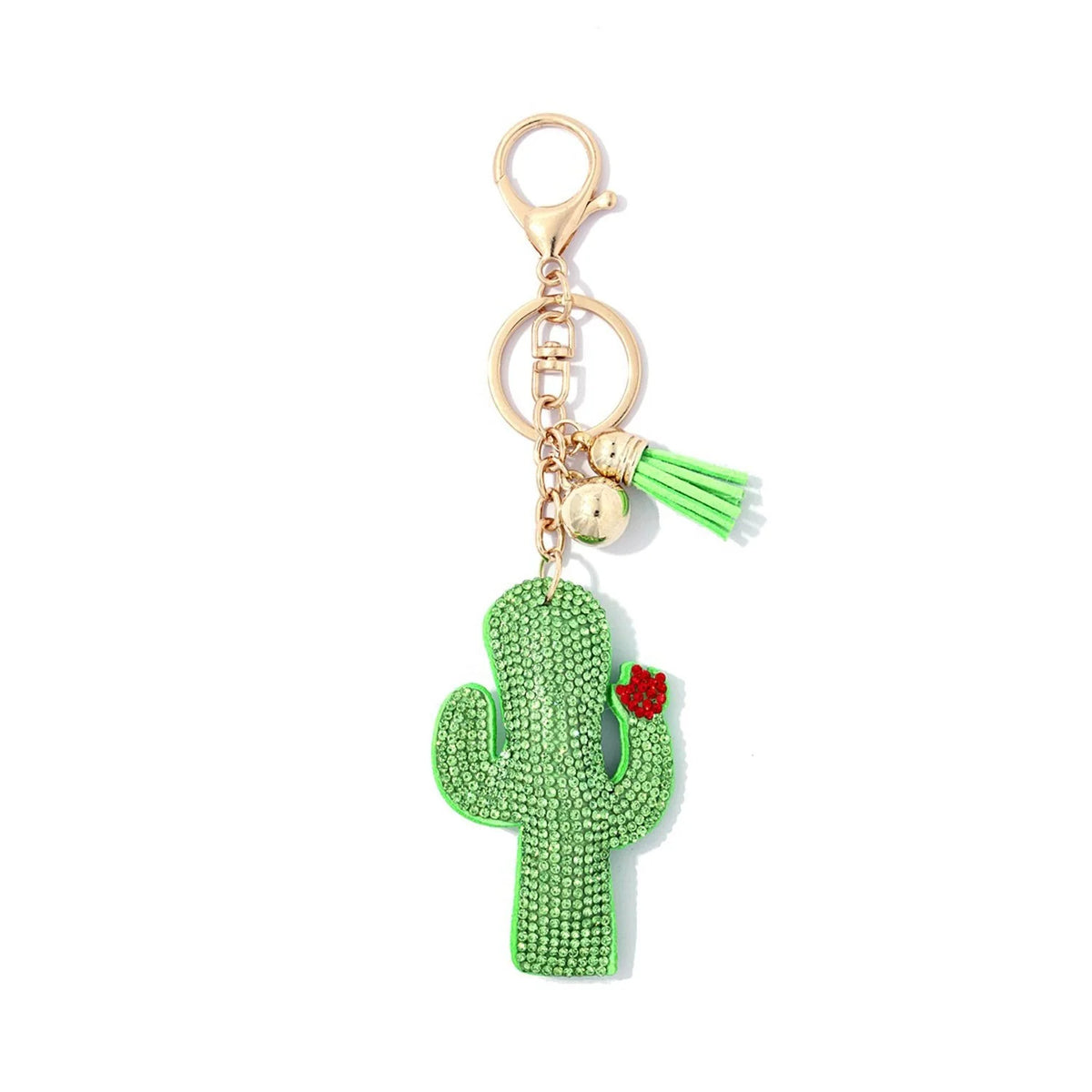 Green Saguaro Cactus key chain with a red rose accent for stylish accessory appeal