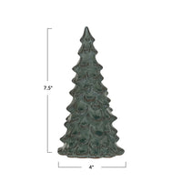 Green Ceramic Christmas Tree Figurine with Textured Branches in Stoneware Tree Reactive Glaze