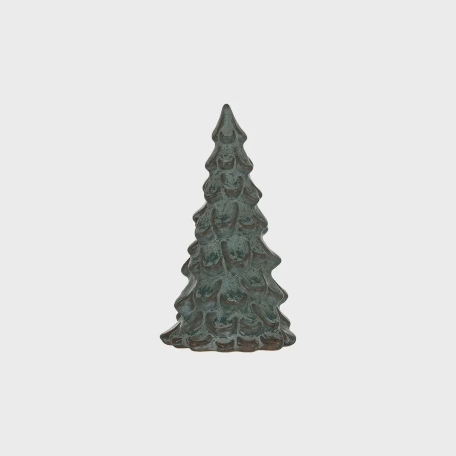 Green ceramic Christmas tree ornament featuring reactive glaze and layered design