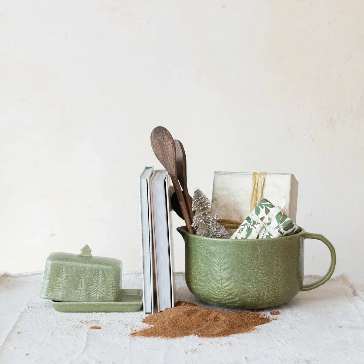 Green ceramic mug with nature design and objects by Debossed Stoneware Butter Dish