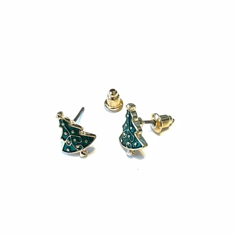 Green Christmas tree stud earrings with gold accents in Festive Favorites set