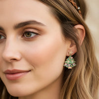 Festive Christmas tree dangle earrings with pearls, crystals, green bows, and rhinestones