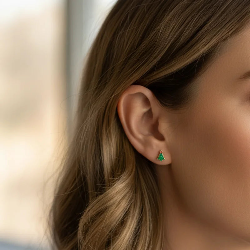 Wanderlust Dainty Earring Set: Green Christmas Tree Studs with Gold Accents