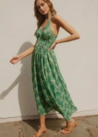 Green floral Jade Keyhole Halter Maxi Dress with a flowing skirt for effortless style