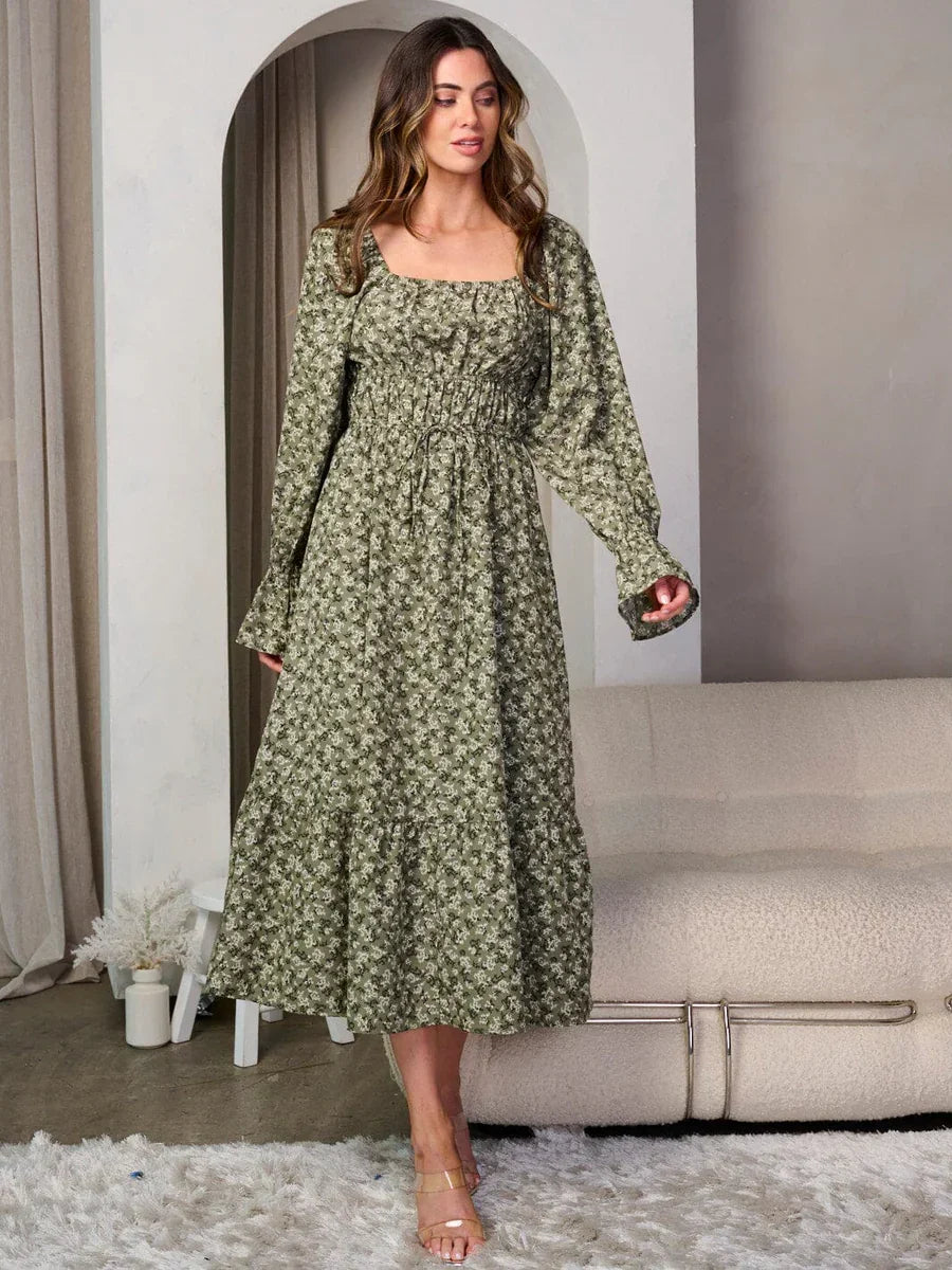 Green floral print long sleeve square neck floral maxi dress with elegant design