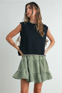 Green gingham ruffled mini skirt with mock neck sleeveless sweater