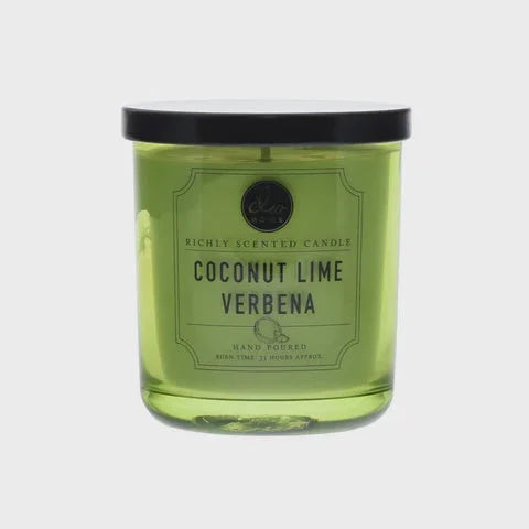 Green glass jar candle Coconut Lime Verbena with black lid, perfect for a boho free spirit