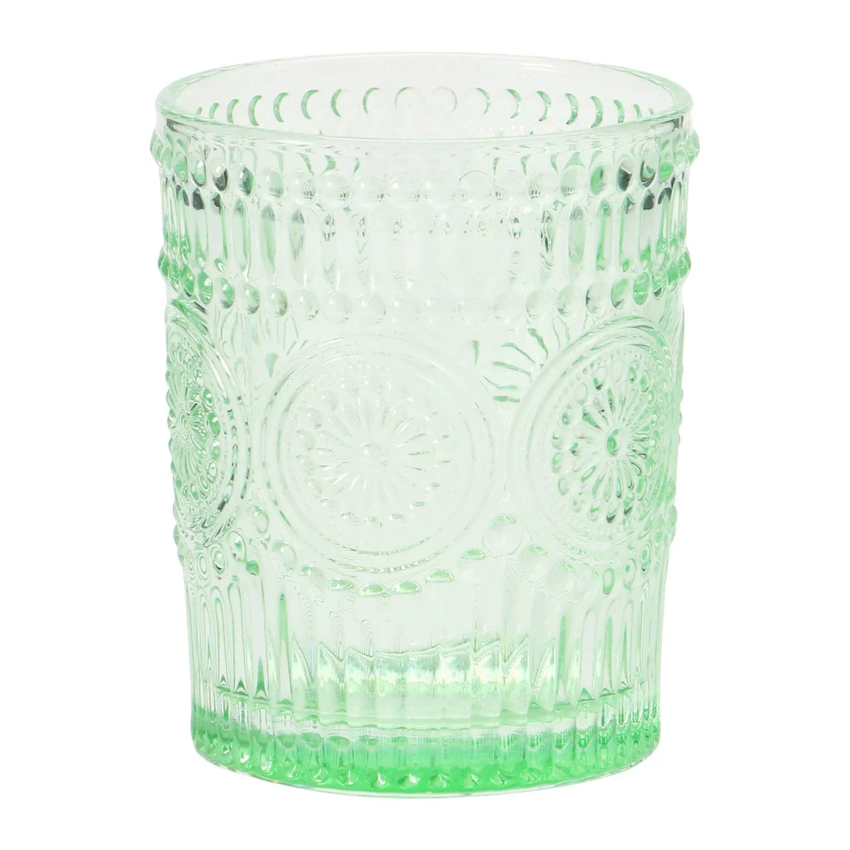 Green glass tumbler with ornate embossed design, ideal as an embossed drinking glass