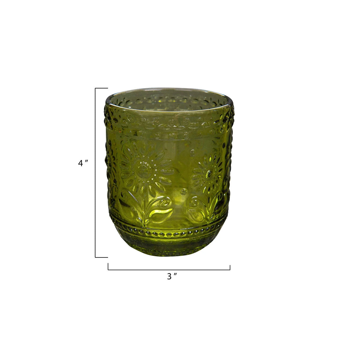 Green glass tumbler with embossed floral pattern for an elegant drinking experience