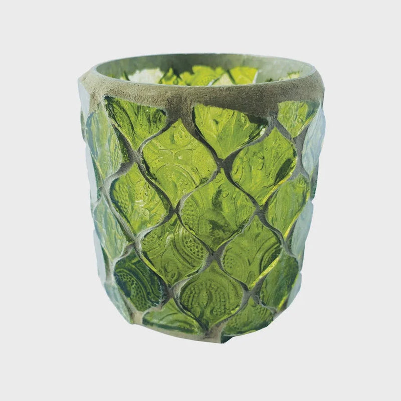 Green glass votive candle holder with diamond pattern in recycled glass mosaic design