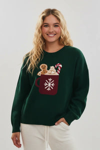 Green Gingerbread Graphic Sweater with Candy Cane Design