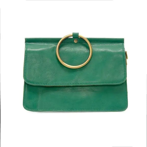 Green leather ARIA RING BAG with gold ring handle and interior zip for women’s boho chic clothing