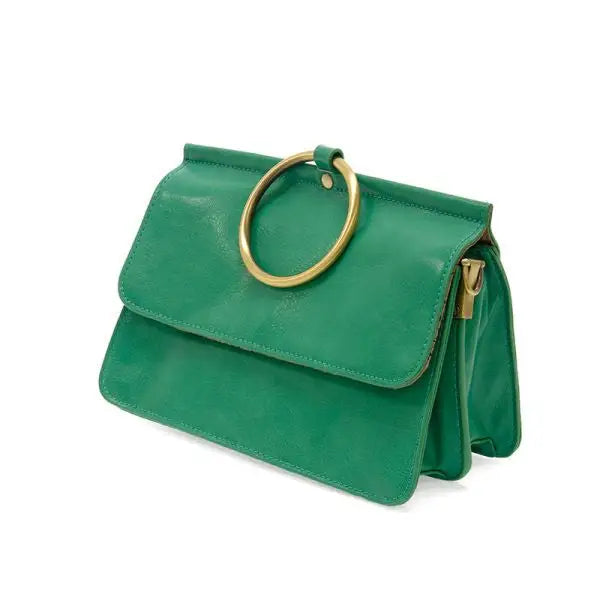 Green leather ARIA RING BAG with gold ring handle and interior zip, ideal for women’s boho chic clothing