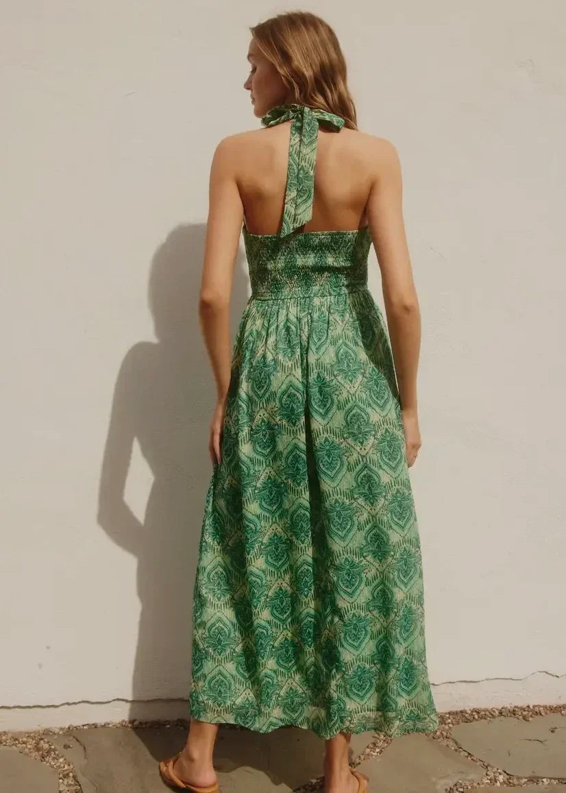 Green patterned Jade Keyhole Halter maxi dress featuring an elegant open back design