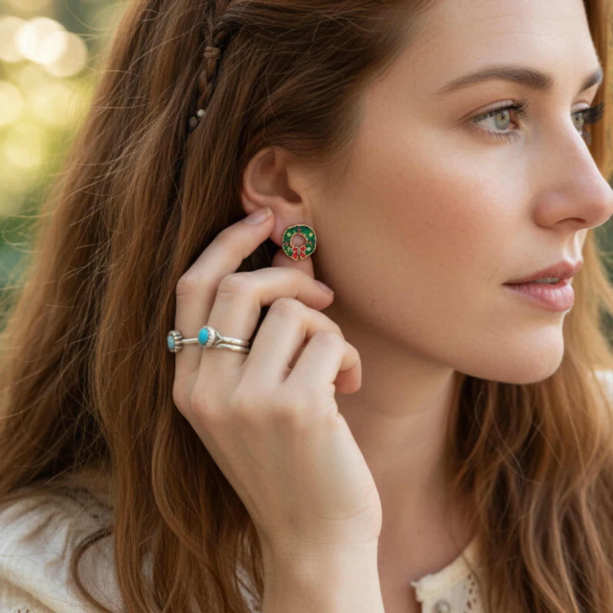 Wanderlust Dainty Earring Set: Green and red floral with gold accents