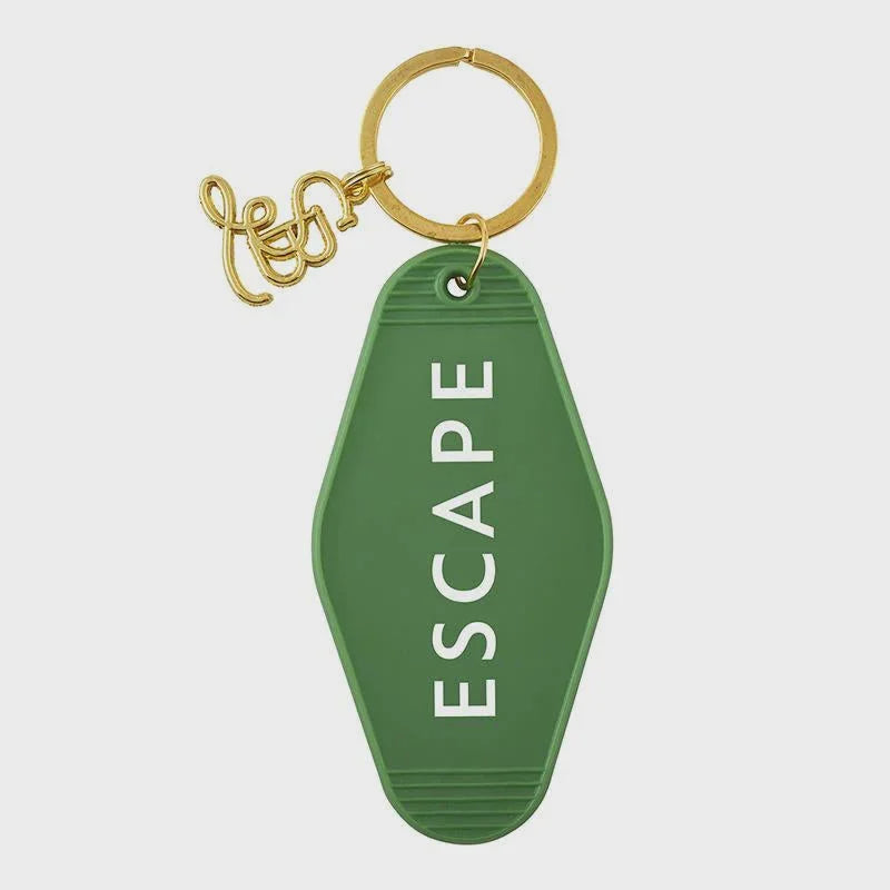 Green retro-style motel key tag key chain with ESCAPE and yes charm on gold ring