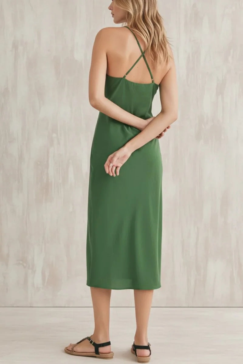 Green cowl neckline midi dress in satin with thin straps