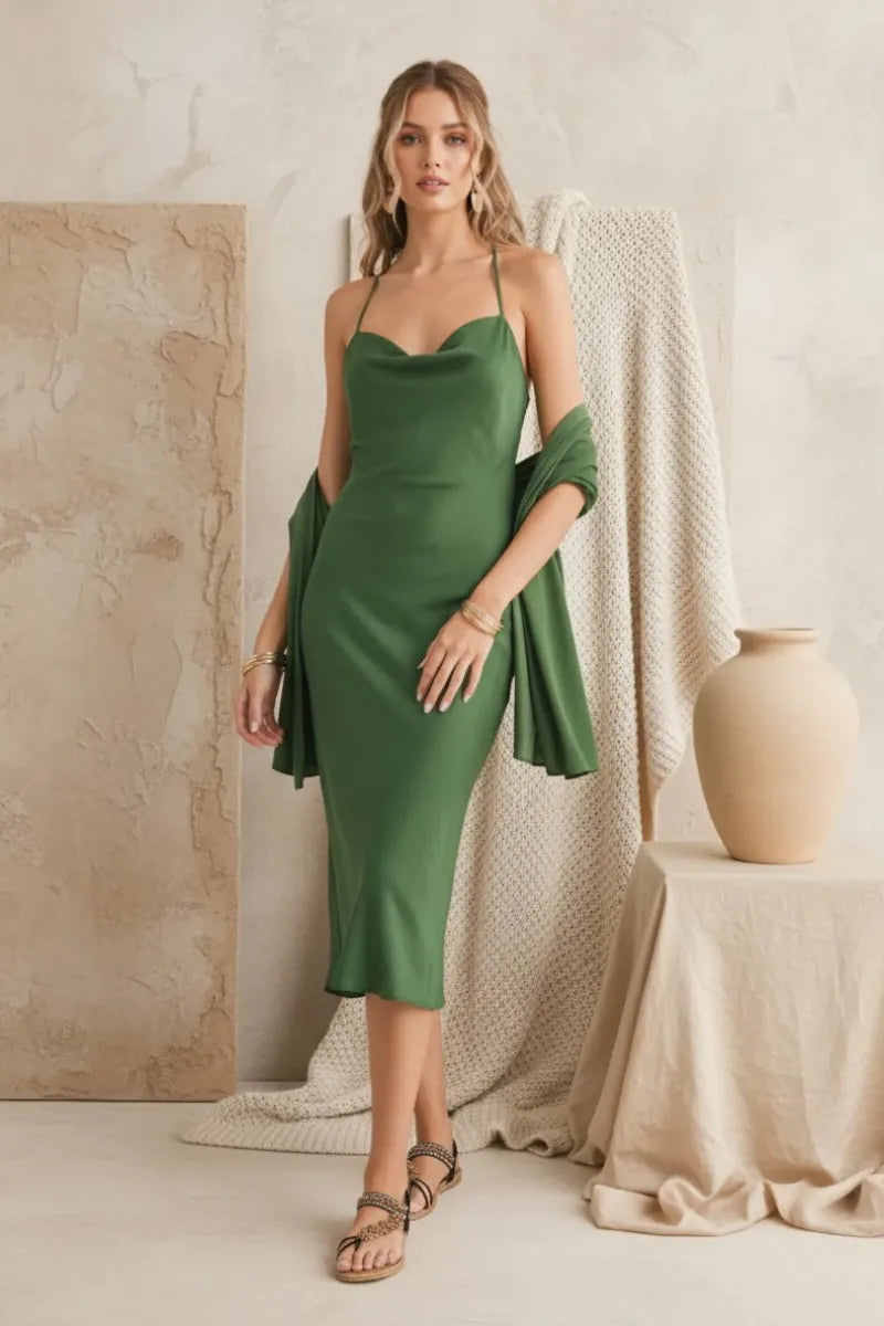 Elegant Cowl Neckline Midi Dress for any Occasion FOREST GREEN / MEDIUM Elegant Cowl Neckline Midi Dress for any Occasion FOREST GREEN / MEDIUM
