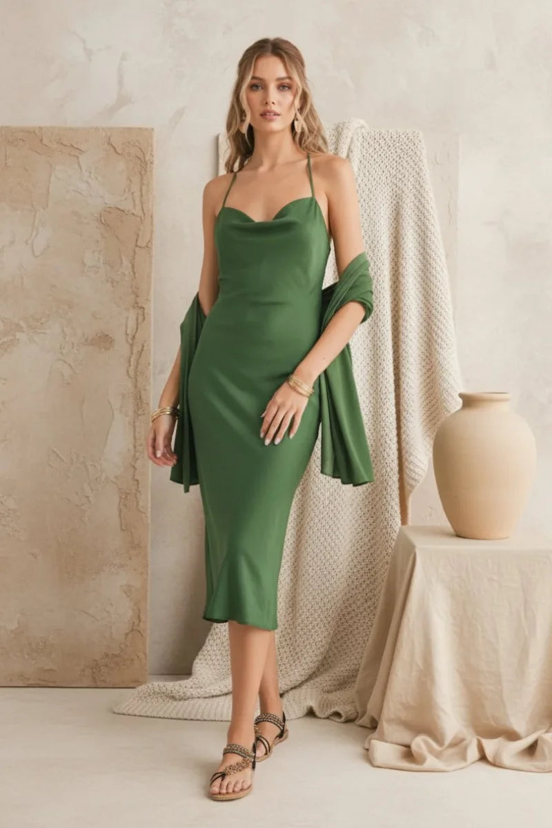 Green cowl neckline midi dress in satin with ruffled sleeves