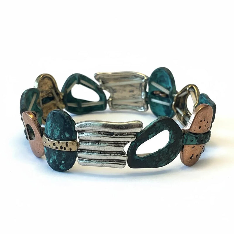 Earthy patina mixed metal bracelet with green silver textured beads
