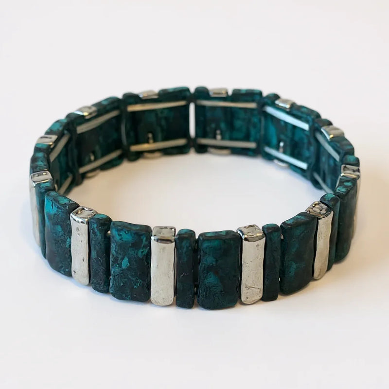 Artisan teal silver stretch bracelet with green textured rectangular beads