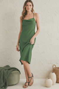 Green cowl neckline midi dress with ruched detailing and thin straps