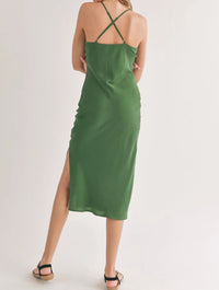 Green flowy Cowl Neckline Midi Dress with shawl and side slit for a boho style