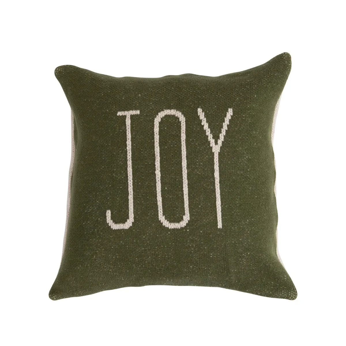 Green cotton knit holiday pillow with JOY embroidered in white letters