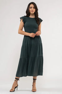 Green smocked tiered midi dress displayed in the Smocked Tiered Midi Dress product image