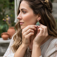 Green and white Christmas tree dangle earrings with pearl and crystal glitter