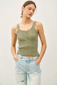Green and white striped knit button-up Henley tank top with ribbed texture