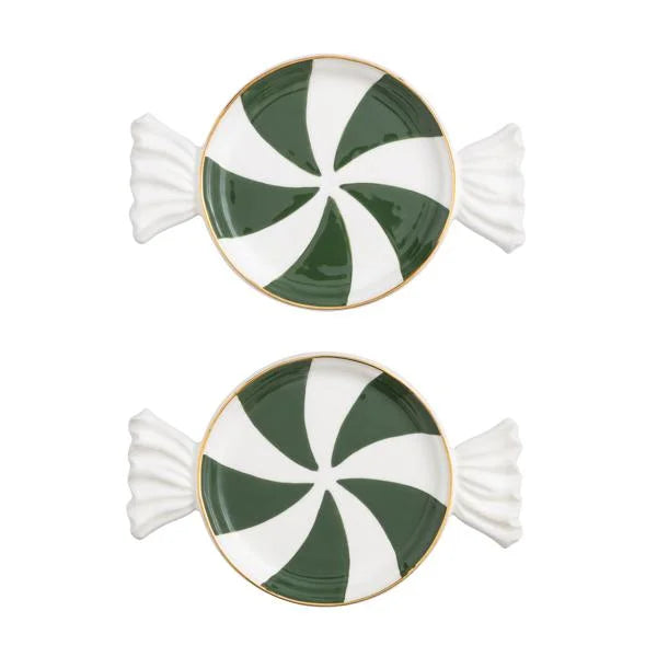 Green and white peppermint candy-shaped ceramic tidbit plate with ruffled edges