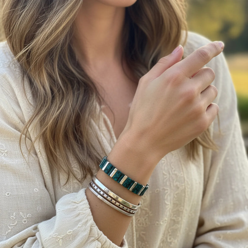 Artisan teal silver stretch bracelet with green white stripes and beaded silver accents