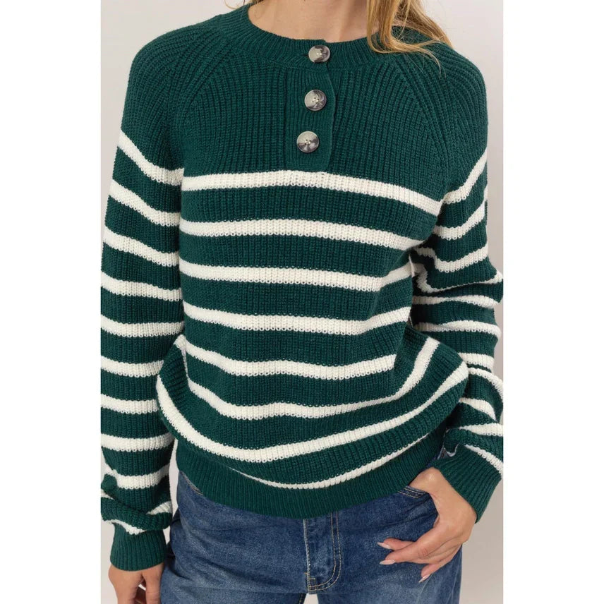 Green and white striped knit sweater with decorative buttons from Shop Daisy’s women’s boho chic clothing