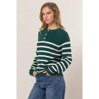 Green and white striped knit Henley sweater with button details for women’s boho chic clothing