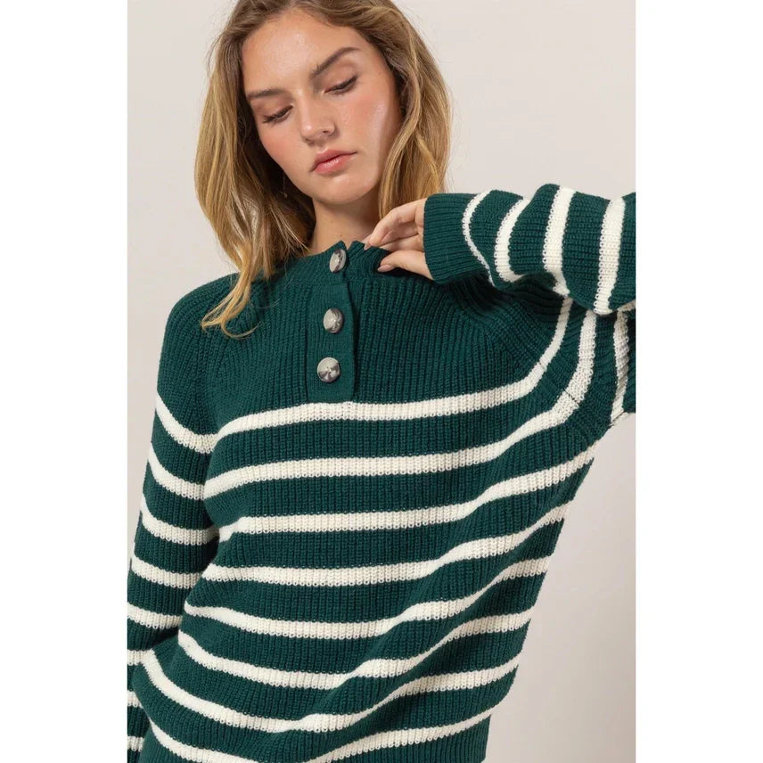 Green and white striped knit sweater with button details, ideal for women’s boho chic clothing