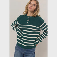 Green and white striped knit sweater with decorative buttons for women’s boho chic clothing