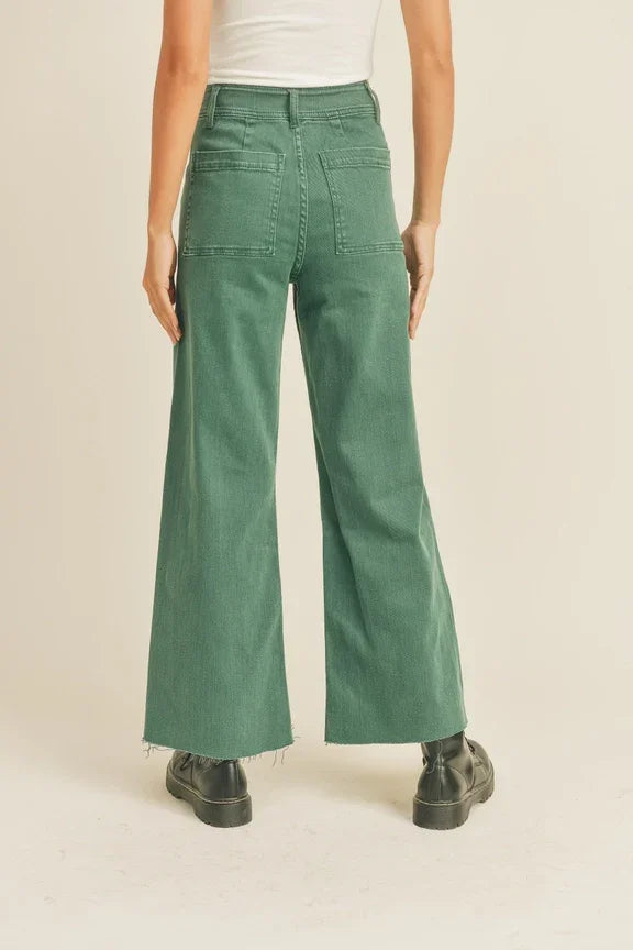 Green wide leg denim pants viewed from behind showcasing stylish straight wide leg design