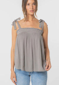 Loose grey bohemian tie shoulder smocked tank top with tie-shoulder straps